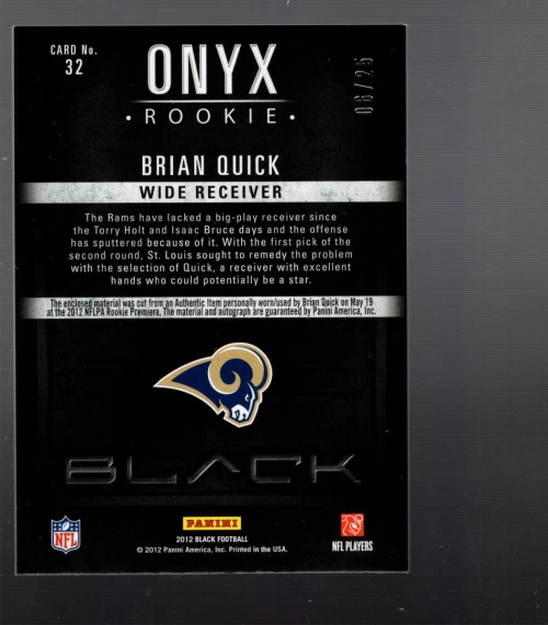 B2022- 2012 Panini Black Onyx Rookie Materials Signatures #32 Brian Quick /25 - Image 2 of 2