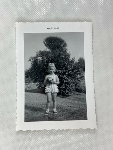 Blond Girl Standing By Tree Holding Ball B&W Photograph 2.75 x 3.75 - Picture 2 of 3