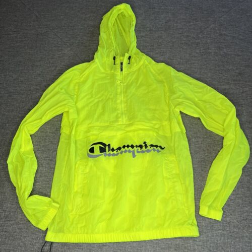 Champion Windbreaker Jacket Medium Neon Yellow Hooded Mesh Lined Vented Nylon - Picture 1 of 6