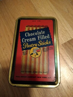 Vintage Poll Biscuit Comp. Chocolate Cream Filled Pastry Sticks Metal Candy Tin