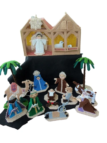 Vtg Christmas Nativity Cross Stitch Completed Set!  18 PIECES!  MANGER!  FIGURES