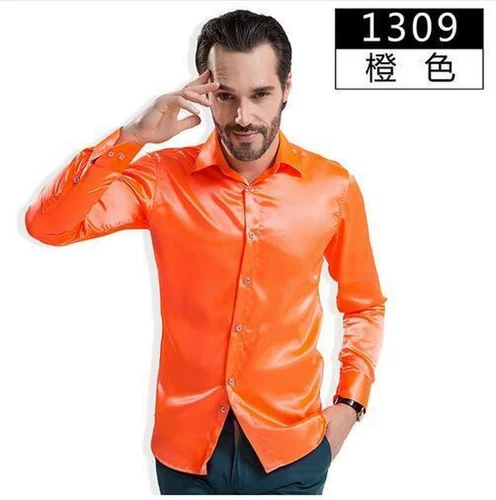 Modisches glänzendes seidiges Satin Hemd Luxus Seide wie Herren Freizeithemden - Bild 18 von 33
