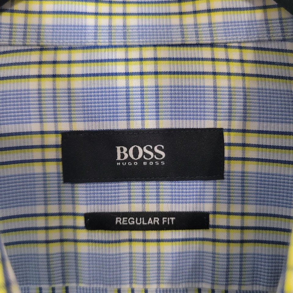 Vestido BOSS Hugo Boss 16 Cuello Calce Regular Amarillo Azul A Cuadros Manga Larga Abotonado Foto 2 de 4