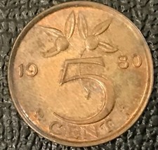 HIGH GRADE AU/UNC 1980 NETHERLANDS 5 CENTS COIN WITH TONING-JUL035