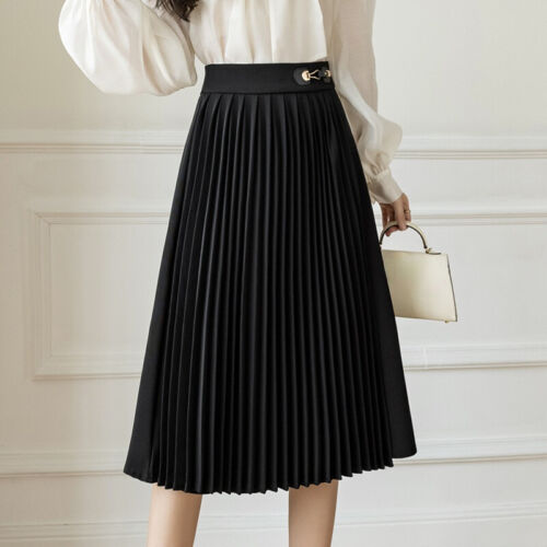 Lady Pleated Skirt Midi High Waist Zip A-line Casual French Black Asymmetric - Picture 3 of 14