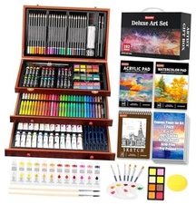  Art Supplies, 192-Pack Deluxe Art Set Drawing Painting Supplies Kit with Brown