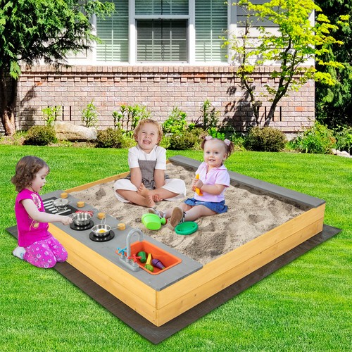 Outdoor Wooden Sandpit Kids Sandbox w/ Bottom Liner Creative Cooking Area - Picture 3 of 8