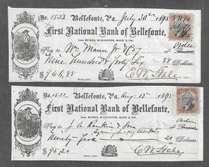 Two 1875 Bellefonte Pennsylvania Checks  "Farmer"