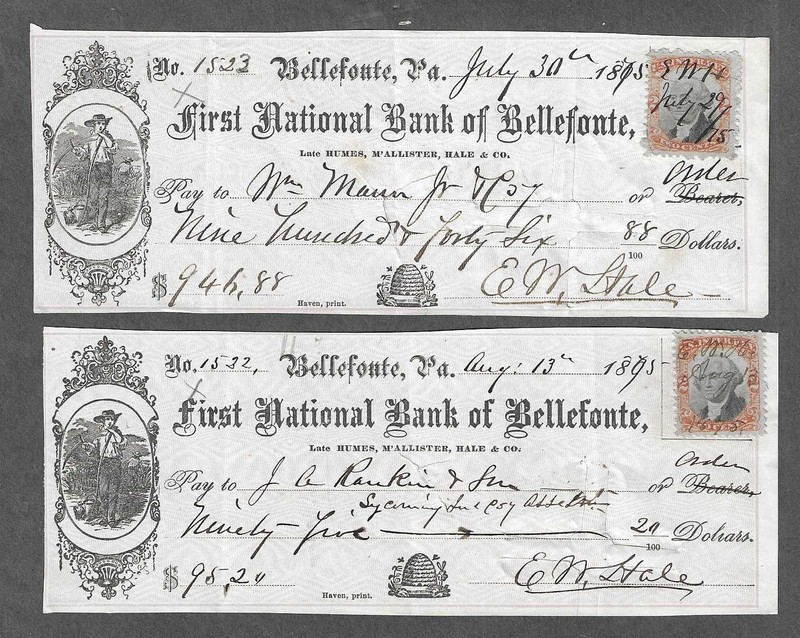 Two 1875 Bellefonte Pennsylvania Checks  "Farmer"