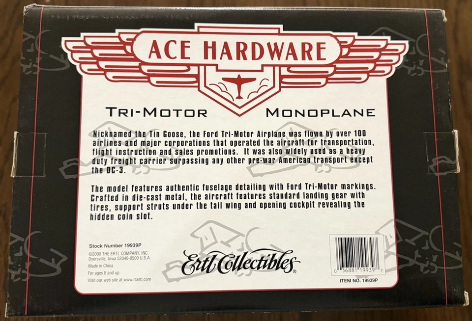 Nuevo Ertl Ace Hardware 1927 Ford Tri-Motor Monoplane NUEVO EN CAJA avión Foto 3 de 4