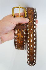 Vintage Tony Lama USA Made Brown Tooled Leather Western Belt Acorns Leaves Sz 28