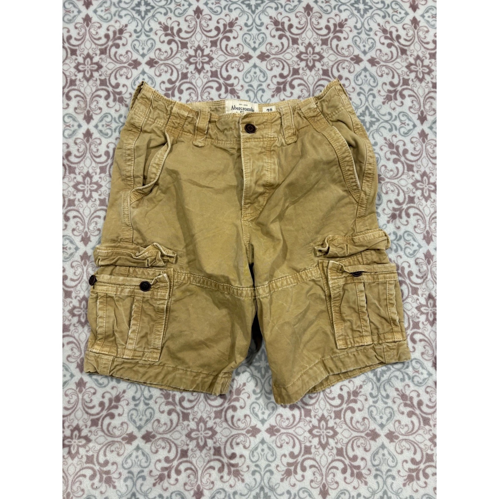 Abercrombie & Fitch Mens Cargo Shorts Tan Khaki Size 28 Cotton Utility Hiking