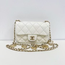 Auth Chanel Classic Flap Mini White Leather Heart Chain Crossbody Bag