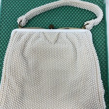 Vintage 1950s Ladies Corde Bead Lumured Beaded Handbag Ivory White Kiss Lock