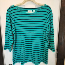 L.L.Bean Women's Teal/Navy Striped 100% Cotton Top, Size Large