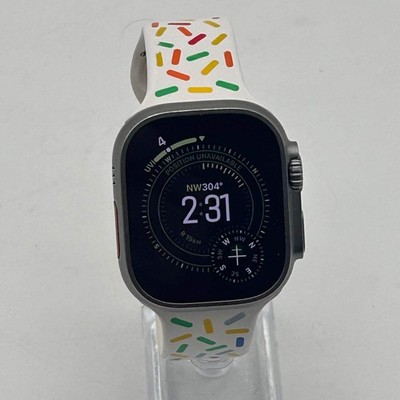 Unlocked Apple Watch Ultra 1st Gen 49MM Natural Titanium White Sport Band NHH83L