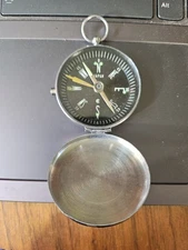 VTG Japanese Compass Pocket Watch Style Black Dial Silver Metal 1 3/4" Japan "D"