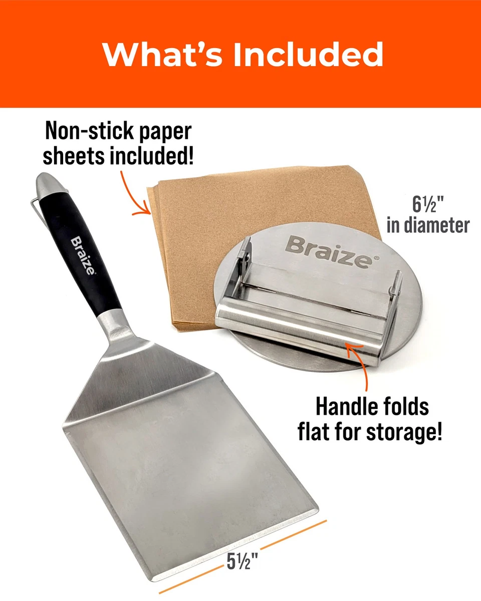 Juego de Prensa para Hamburguesas Braize Smash, Prensa para Hamburguesas de Acero Inoxidable con Plegable