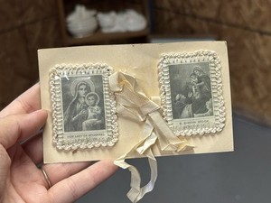 Christian Prayer Card w/ Ribbon & Lace Trim Our Lady & St. Simon Stock