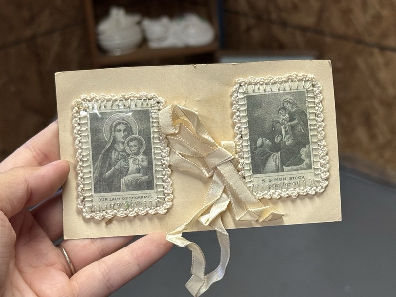 Christian Prayer Card w/ Ribbon & Lace Trim Our Lady & St. Simon Stock