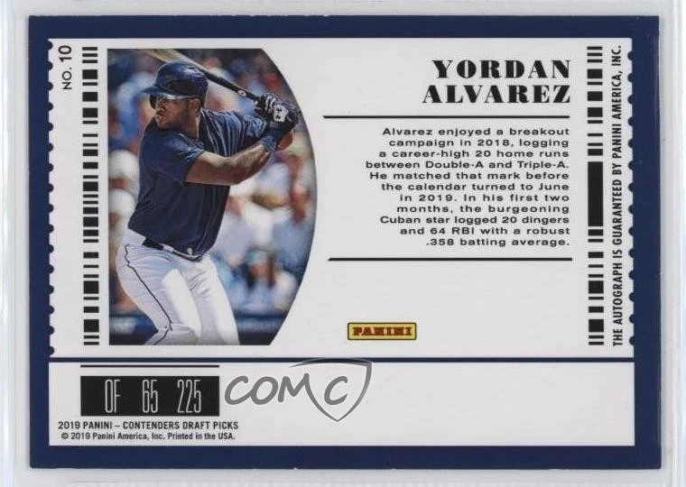 2019 Contenders Draft Picks Prospect Diamond Ticket /15 Yordan Alvarez #10 Auto - Image 2 of 2