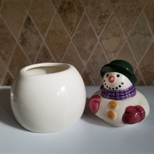 Snowmen Sugar Bowl w/Lid & Cream Pitcher Individual-Size Glazed Ceramic - Picture 7 of 9