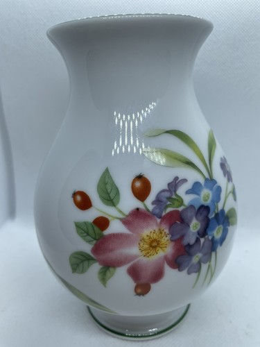 Vaso vintage Royal Worcester fine porcellana con disegno floreale e bordo verde - Foto 6 di 11
