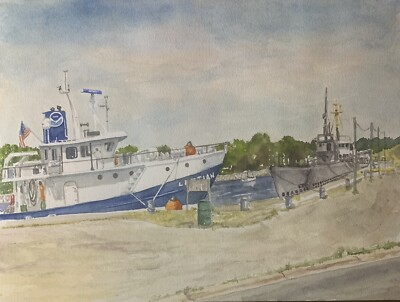 #ad Muskegon Channel With 3 Boats Michigan Original Watercolor Painting $175.00