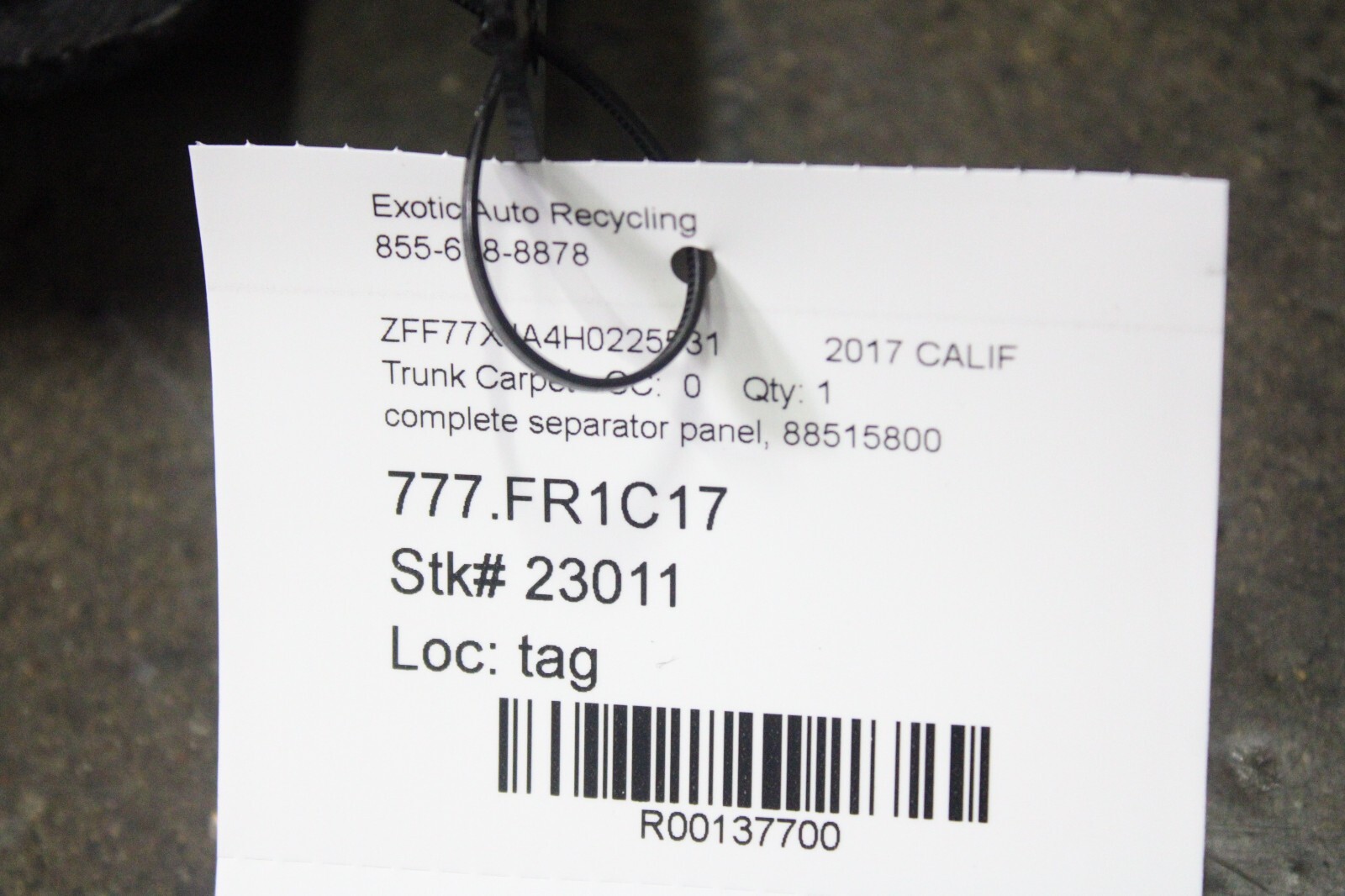 Ferrari California T, Trunk Carpet, Separator Panel, Used, P/N 88515800