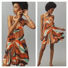 Anthropologie Women's Hutch Halter Pleated Swing Mini Dress NWT 188 Sz S Brown