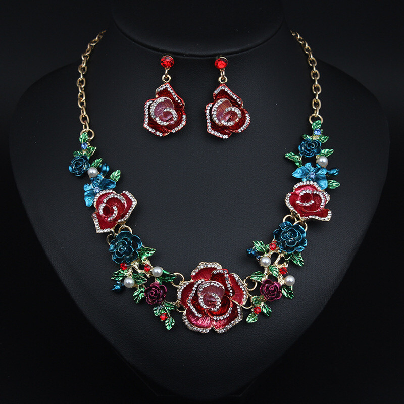 Set di Orecchini e Collana Fiore Rosa con Strass foto 3