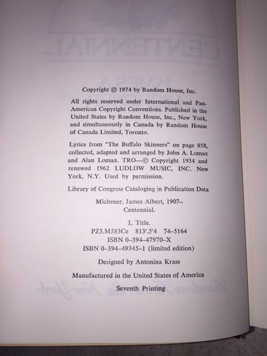 SIGNED James A. Michener CENTENNIAL 1st Ed 1974 HC RANDOM HOUSE 7th Printing - Picture 5 of 7