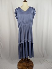 Simply Vera Wang Ruffle Sleeve Midi Dress Blue Satin V-Neck Womens Size XXL