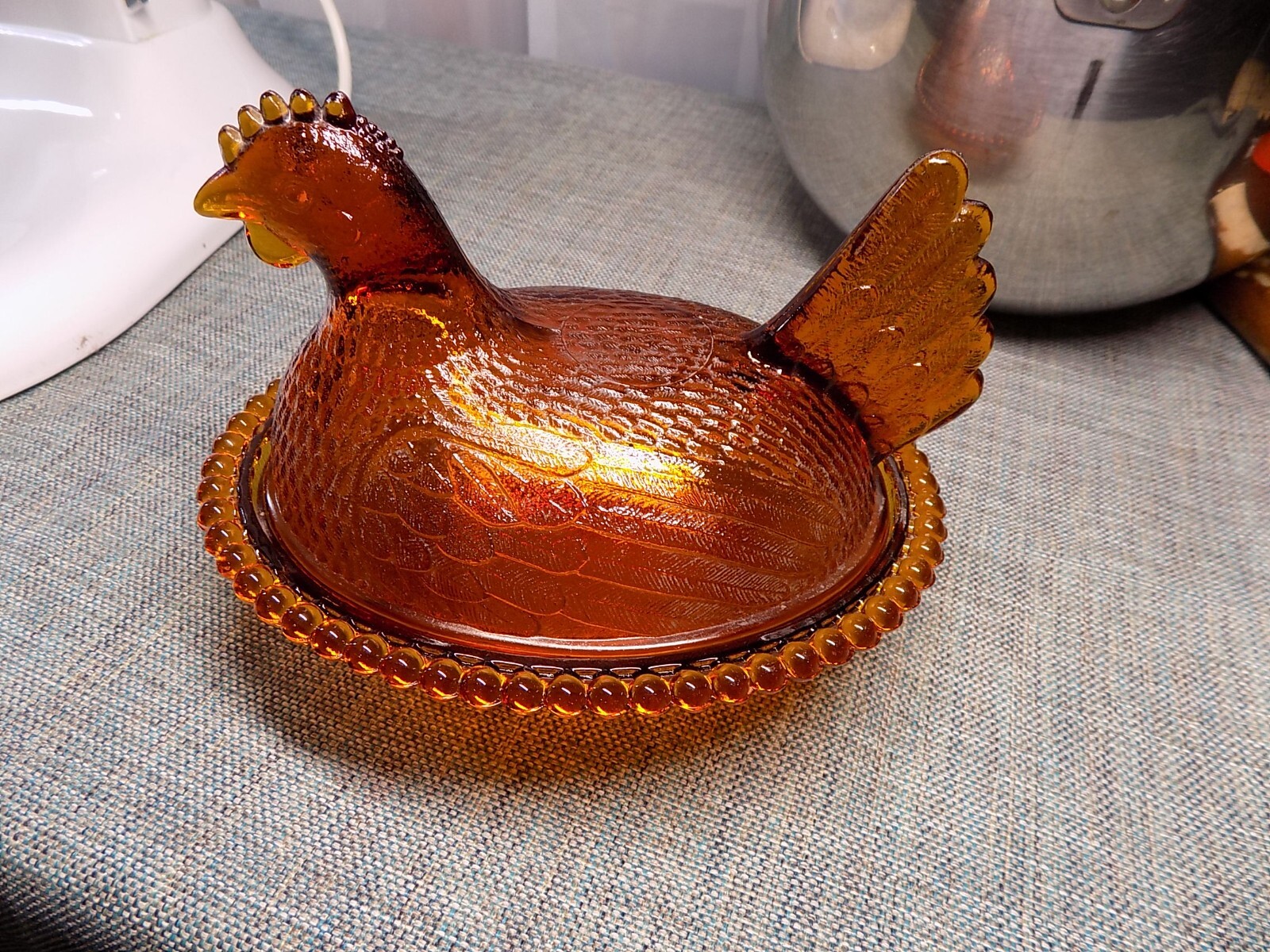 Indiana Glass HEN on NEST Amber Chicken Candy Dish VTG 7" READ Please