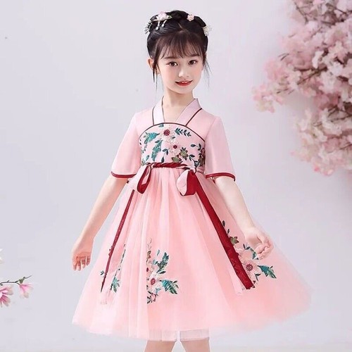 Girl Chinese Traditional Costume Dress Kid Hanfu Mesh Embroidery Floral Princess - Picture 12 of 13