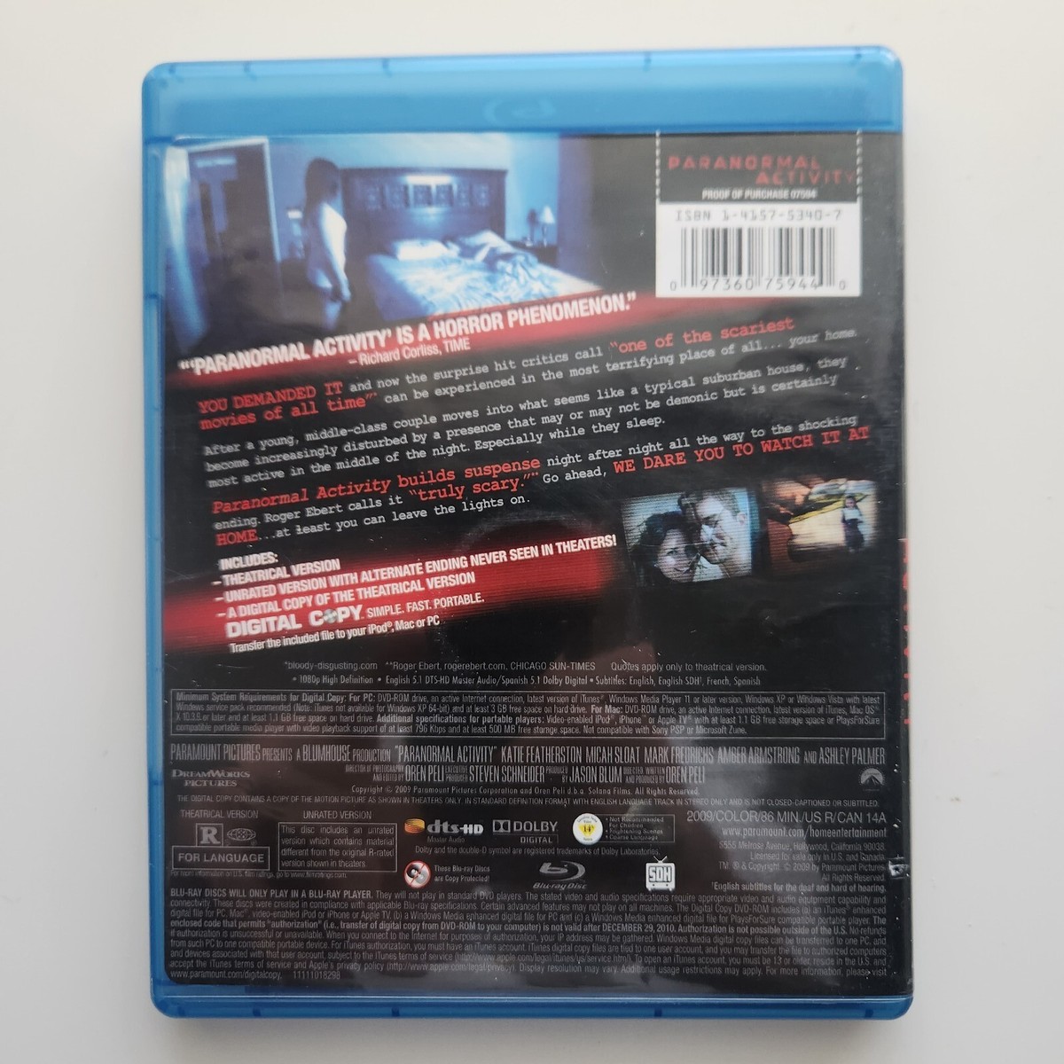 Paranormal Activity (Blu-ray Disc, 2009, 2-Disc Set, Includes