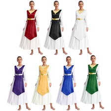 Womens Dancewear Sides Split Tunic Satin Dress Lace-Up Performance Costume Robe