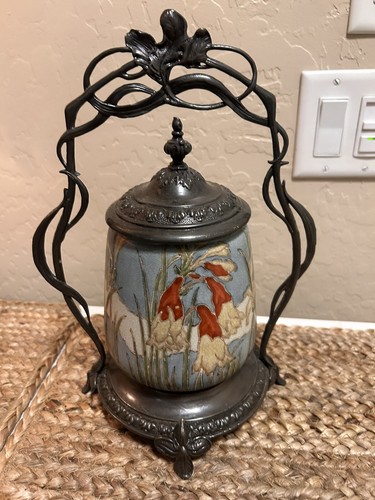 ANTIQUE CASTILLAN POTTERY & BRASS PICKLE CASTOR Biscuit Jar - Picture 2 of 17