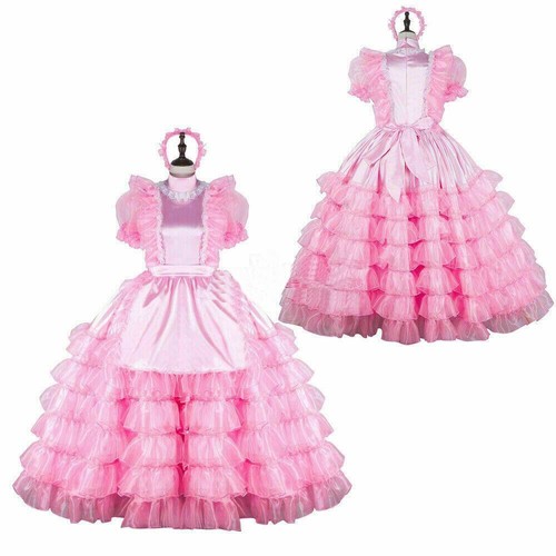 Sissy girl maid pink satin-Organza lockable dress Cosplay Costume Tailor-made