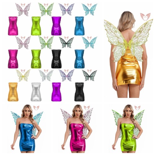 Women Minidress Wet Look Dresses And Wings Sheer Angel Outfit Butterfly Shiny - Picture 2 of 54