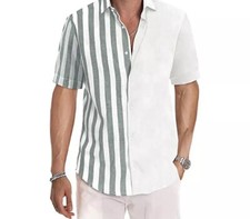 Short Sleeve Dress Button Down Causal Shirt Fancy Striped Slim Fit 2XL Bin 13