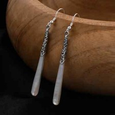 Designer Mother of Pearl Long Drop Dangle Earrings in 925 Sterling Silver - 5 Cm