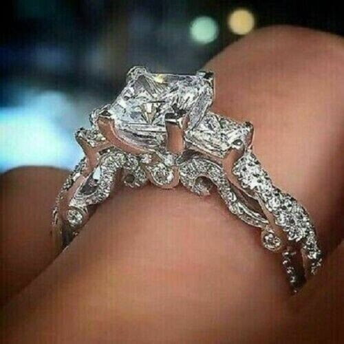 2 Ct Princess Simulated Diamond Art Deco Engagement Ring 14K White Gold Finish - Picture 1 of 9