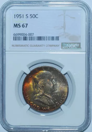 1951 S NGC MS67 Franklin Half Dollar Mint Set Toned