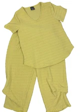 Inoah Crinkle Outfit Top Crop Pull On Pants 2 piece Set V Neck Yellow Size Small