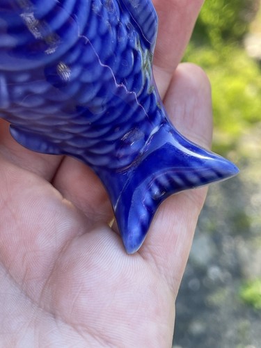 FINE Antique Vintage 1930s Chinese Porcelain Figural Snuff Bottle Blue Koi Fish - Picture 7 of 20