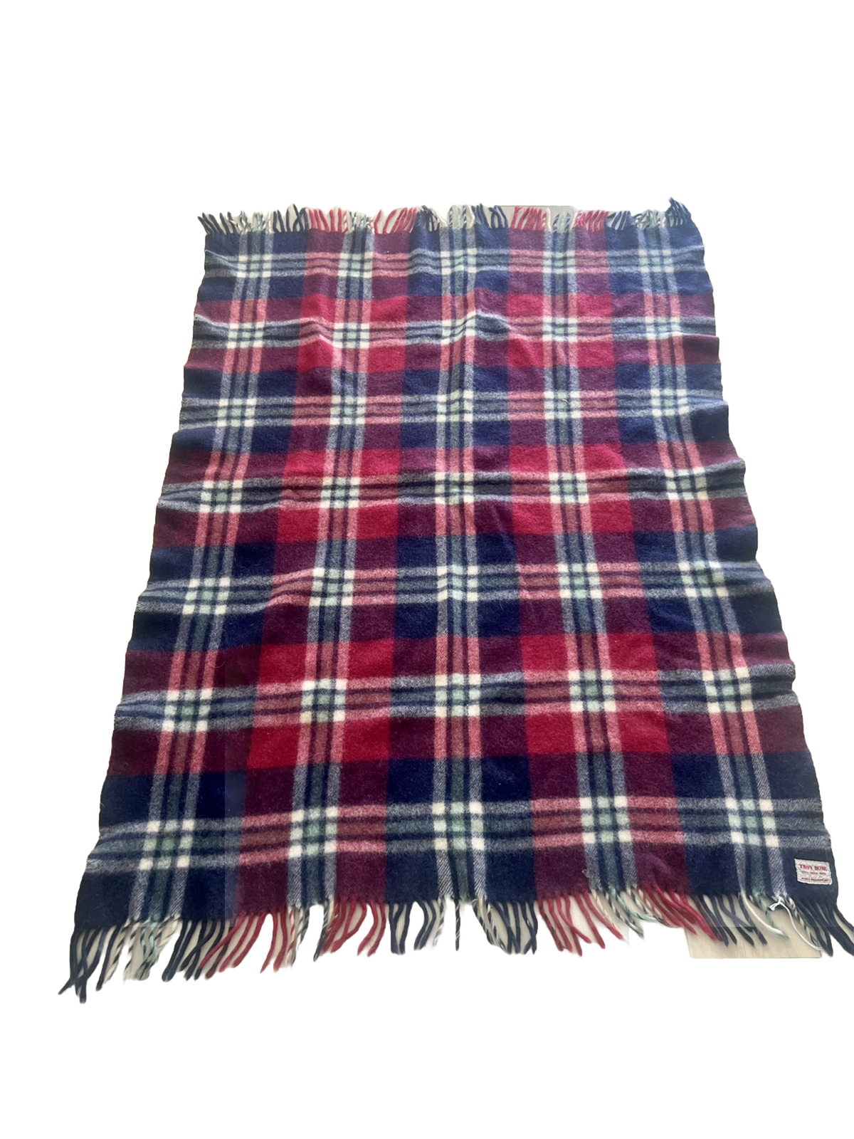 Vintage Troy Robe PLAID Fringe Stadium Carriage Throw Blanket WOOL Navy