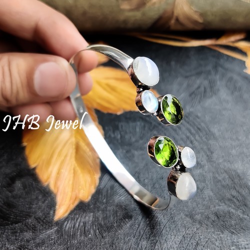Rainbow Moonstone & Peridot Cut Gemstone 925 Sterling Silver Antique Bangle Cuff - Picture 4 of 6