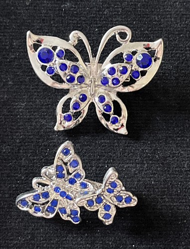 Impresionante broche prendedor dúo mariposa tono plata cristal azul estrás B15 - Imagen 1 de 3