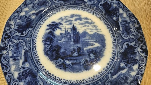 Antique Watteau English Staffordshire Flow Blue Plate Transferware Reg No 555595 - Picture 3 of 12